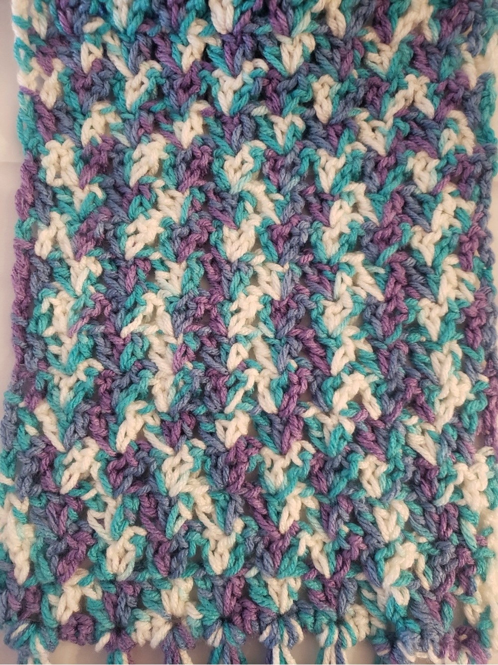 Handmade Crochet Scarf in Teal, Purple & White - Cozy Women's Wrap 68”x8” - Picture 2 of 4